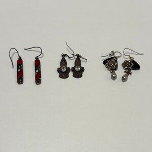 3 Pair Ornate Silver Tone Pierced Earrings